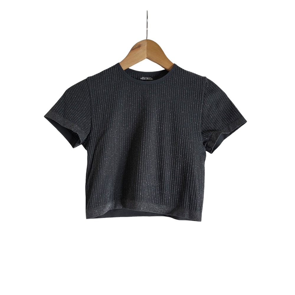 Wild Fable Ribbed Metallic Shimmer Crop Top Gray Short Sleeve Sz M Fairy Grunge
